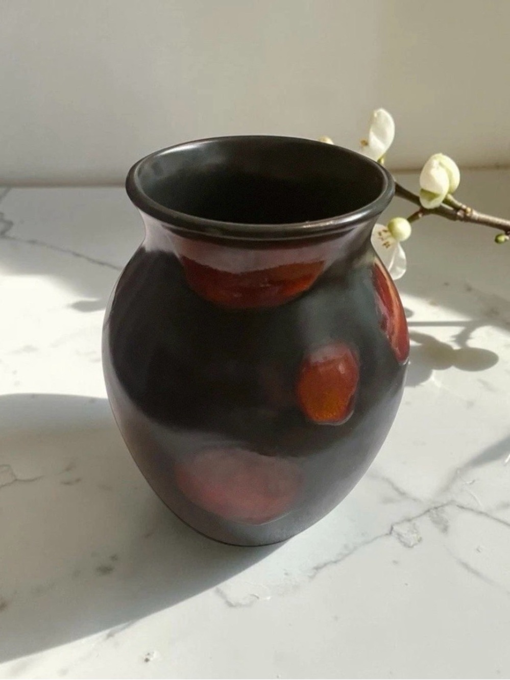 Vintage Poole Pottery England Oxblood Red & Black Lava Glaze Vase MCM 8”